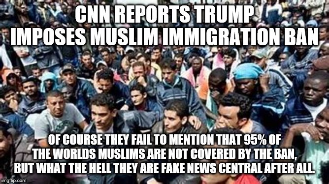 CNN REPORTS TRUMP IMPOSES MUSLIM IMMIGRATION BAN; OF COURSE THEY FAIL TO MENTION THAT 95% OF THE WORLDS MUSLIMS ARE NOT COVERED BY THE BAN, BUT WHAT THE HELL THEY ARE FAKE NEWS CENTRAL AFTER ALL. | image tagged in democrats,cnn,fake news | made w/ Imgflip meme maker