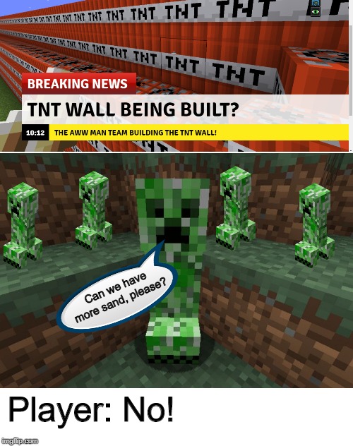 Rule 1,076: No Creeper Pleasing! | Can we have more sand, please? Player: No! | image tagged in creeper aww man,no,creeper,minecraft creeper,dank memes,memes | made w/ Imgflip meme maker