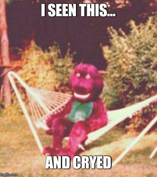Drugged Barney | I SEEN THIS... AND CRYED | image tagged in drugged barney | made w/ Imgflip meme maker