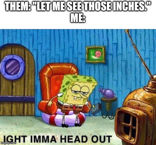 No can't do buckaroo | THEM: "LET ME SEE THOSE INCHES."
ME: | image tagged in memes,spongebob ight imma head out | made w/ Imgflip meme maker