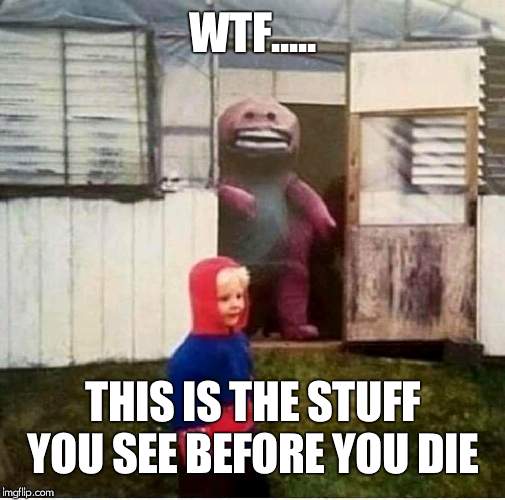 Creepy Barney | WTF..... THIS IS THE STUFF YOU SEE BEFORE YOU DIE | image tagged in creepy barney | made w/ Imgflip meme maker