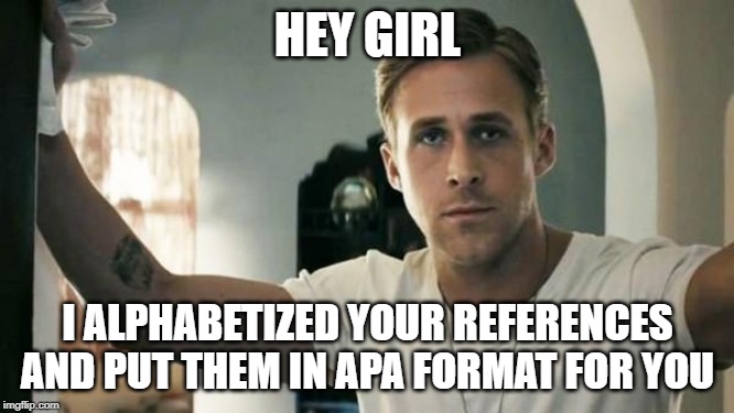 hey girl | HEY GIRL; I ALPHABETIZED YOUR REFERENCES AND PUT THEM IN APA FORMAT FOR YOU | image tagged in hey girl | made w/ Imgflip meme maker