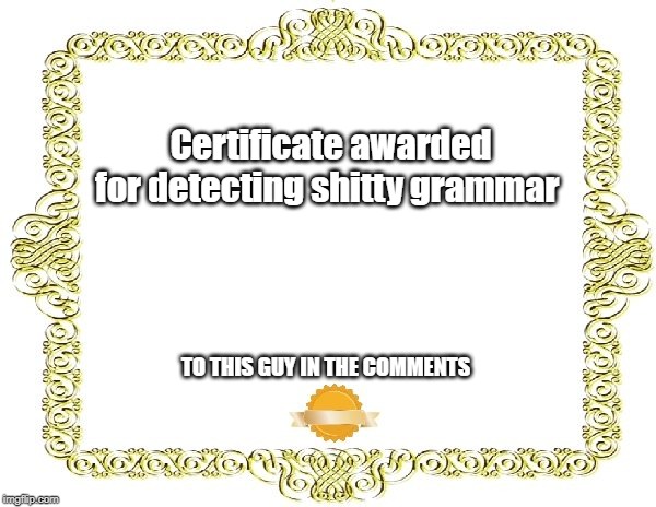Blank Certificate | Certificate awarded for detecting shitty grammar; TO THIS GUY IN THE COMMENTS | image tagged in blank certificate | made w/ Imgflip meme maker
