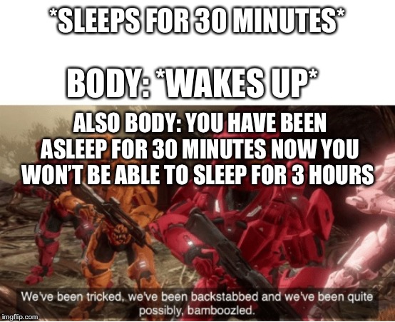 We have been tricked | *SLEEPS FOR 30 MINUTES*; BODY: *WAKES UP*; ALSO BODY: YOU HAVE BEEN ASLEEP FOR 30 MINUTES NOW YOU WON’T BE ABLE TO SLEEP FOR 3 HOURS | image tagged in we have been tricked | made w/ Imgflip meme maker