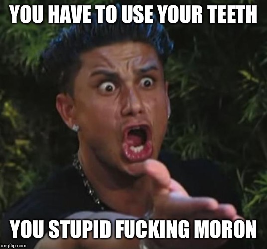 DJ Pauly D Meme | YOU HAVE TO USE YOUR TEETH YOU STUPID F**KING MORON | image tagged in memes,dj pauly d | made w/ Imgflip meme maker