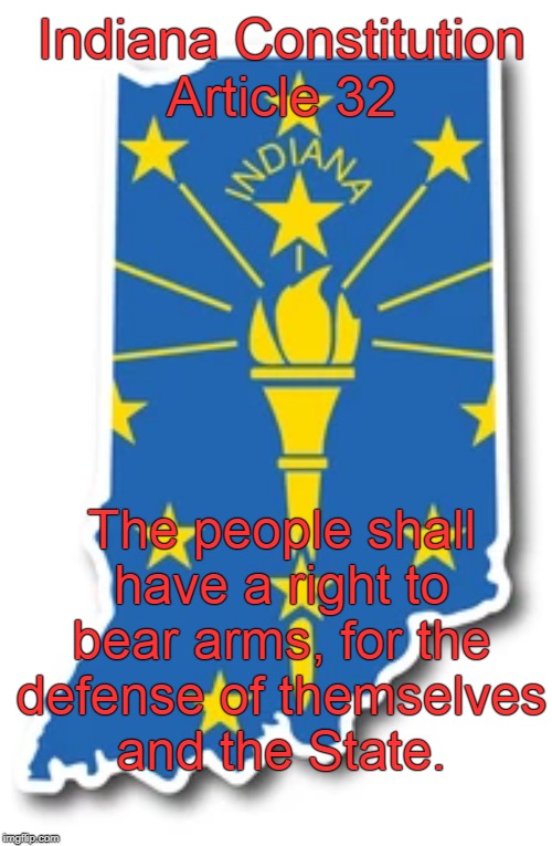Indiana Constitution Article 32 | Indiana Constitution
Article 32; The people shall
have a right to
bear arms, for the
defense of themselves
and the State. | image tagged in indiana,constitution | made w/ Imgflip meme maker