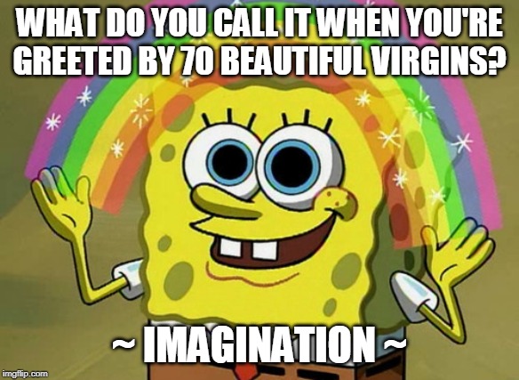 Imagination Spongebob Meme | WHAT DO YOU CALL IT WHEN YOU'RE GREETED BY 70 BEAUTIFUL VIRGINS? ~ IMAGINATION ~ | image tagged in memes,imagination spongebob | made w/ Imgflip meme maker