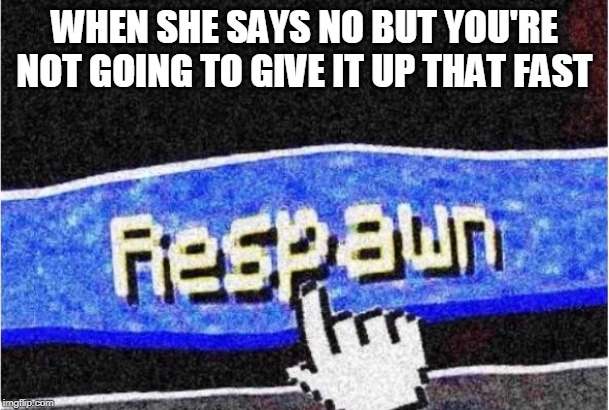 Respawn | WHEN SHE SAYS NO BUT YOU'RE NOT GOING TO GIVE IT UP THAT FAST | image tagged in respawn | made w/ Imgflip meme maker