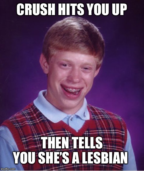 Bad Luck Brian | CRUSH HITS YOU UP; THEN TELLS YOU SHE’S A LESBIAN | image tagged in memes,bad luck brian | made w/ Imgflip meme maker