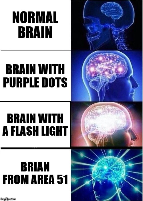 Expanding Brain Meme | NORMAL
BRAIN; BRAIN WITH PURPLE DOTS; BRAIN WITH A FLASH LIGHT; BRIAN FROM AREA 51 | image tagged in memes,expanding brain | made w/ Imgflip meme maker