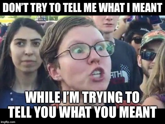 Angry sjw | DON’T TRY TO TELL ME WHAT I MEANT; WHILE I’M TRYING TO TELL YOU WHAT YOU MEANT | image tagged in angry sjw | made w/ Imgflip meme maker