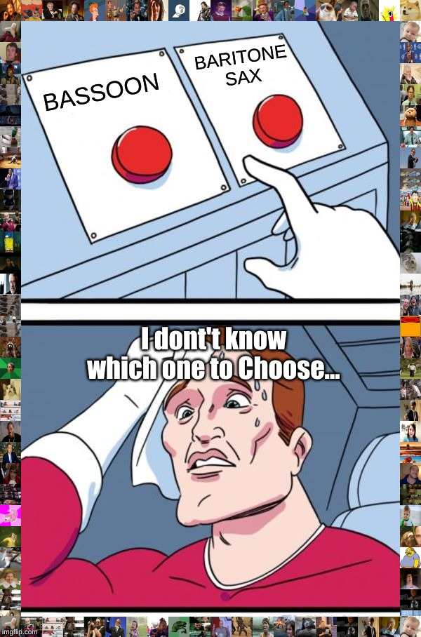 Two Buttons Meme | BARITONE SAX; BASSOON; I dont't know which one to Choose... | image tagged in memes,two buttons | made w/ Imgflip meme maker