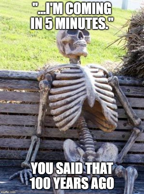 Waiting Skeleton Meme | "...I'M COMING IN 5 MINUTES."; YOU SAID THAT 100 YEARS AGO | image tagged in memes,waiting skeleton | made w/ Imgflip meme maker
