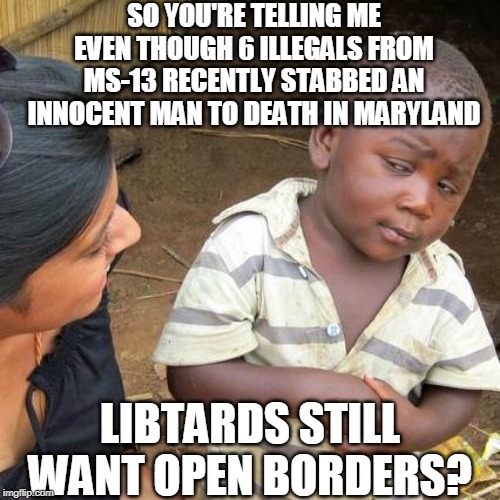 Third World Skeptical Kid Meme | SO YOU'RE TELLING ME EVEN THOUGH 6 ILLEGALS FROM MS-13 RECENTLY STABBED AN INNOCENT MAN TO DEATH IN MARYLAND; LIBTARDS STILL WANT OPEN BORDERS? | image tagged in memes,third world skeptical kid | made w/ Imgflip meme maker