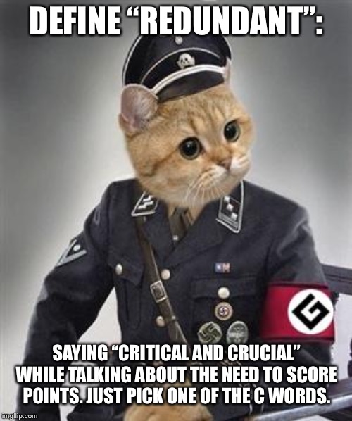 critical + crucial = overkill | DEFINE “REDUNDANT”:; SAYING “CRITICAL AND CRUCIAL” WHILE TALKING ABOUT THE NEED TO SCORE POINTS. JUST PICK ONE OF THE C WORDS. | image tagged in grammar nazi cat,memes,word,points,talking,pick | made w/ Imgflip meme maker