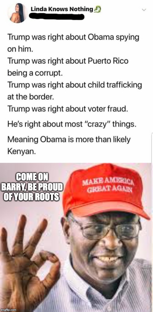 In Orangeman We Trust | COME ON BARRY, BE PROUD OF YOUR ROOTS | image tagged in donald trump,barack obama,roots,truth | made w/ Imgflip meme maker