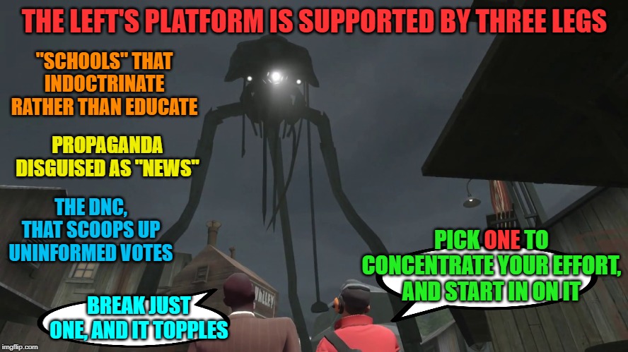 The harder they fall |  THE LEFT'S PLATFORM IS SUPPORTED BY THREE LEGS; "SCHOOLS" THAT INDOCTRINATE RATHER THAN EDUCATE; PROPAGANDA DISGUISED AS "NEWS"; THE DNC, THAT SCOOPS UP UNINFORMED VOTES; PICK ONE TO CONCENTRATE YOUR EFFORT, AND START IN ON IT; ONE; BREAK JUST ONE, AND IT TOPPLES | image tagged in indoctrination,fake news,activism | made w/ Imgflip meme maker