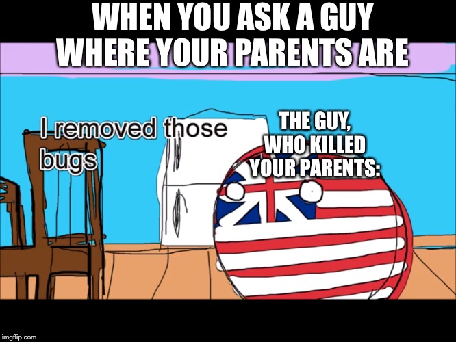 I removed those bugs | WHEN YOU ASK A GUY WHERE YOUR PARENTS ARE; THE GUY, WHO KILLED YOUR PARENTS: | image tagged in i removed those bugs | made w/ Imgflip meme maker