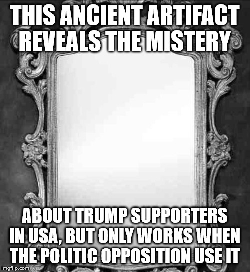 Mirror | THIS ANCIENT ARTIFACT REVEALS THE MISTERY; ABOUT TRUMP SUPPORTERS IN USA, BUT ONLY WORKS WHEN THE POLITIC OPPOSITION USE IT | image tagged in mirror | made w/ Imgflip meme maker