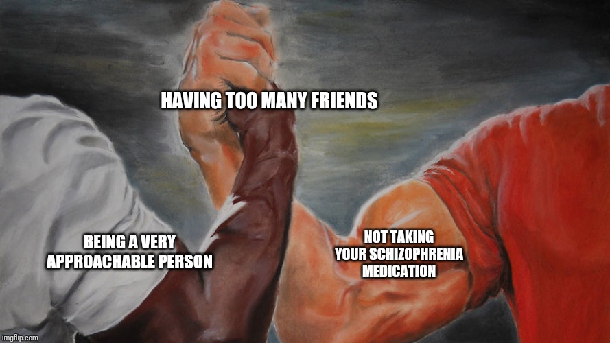 epic hand shake | HAVING TOO MANY FRIENDS; NOT TAKING YOUR SCHIZOPHRENIA MEDICATION; BEING A VERY APPROACHABLE PERSON | image tagged in epic hand shake | made w/ Imgflip meme maker