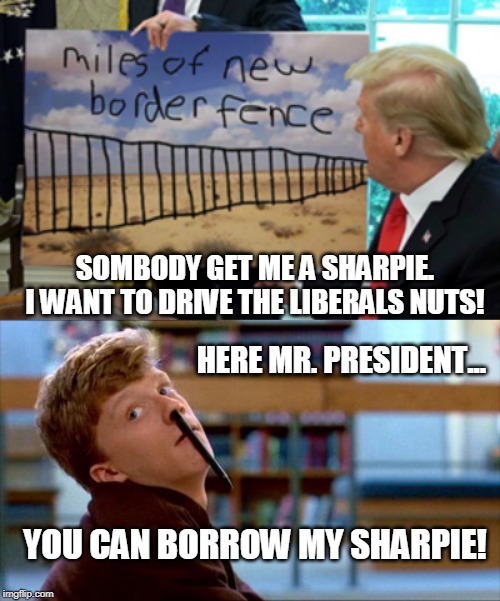 Get Me A Sharpie | SOMBODY GET ME A SHARPIE. I WANT TO DRIVE THE LIBERALS NUTS! HERE MR. PRESIDENT... YOU CAN BORROW MY SHARPIE! | image tagged in political meme,funny meme,triggered,liberal,border wall,donald trump | made w/ Imgflip meme maker