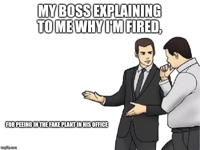 Car Salesman Slaps Hood Meme | MY BOSS EXPLAINING TO ME WHY I'M FIRED, FOR PEEING IN THE FAKE PLANT IN HIS OFFICE | image tagged in memes,car salesman slaps hood | made w/ Imgflip meme maker