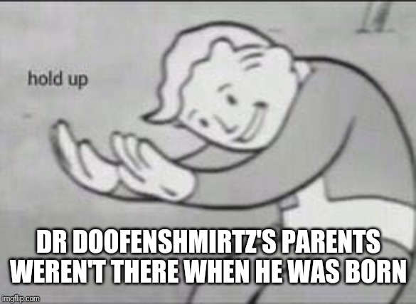 Fallout Hold Up | DR DOOFENSHMIRTZ'S PARENTS WEREN'T THERE WHEN HE WAS BORN | image tagged in fallout hold up | made w/ Imgflip meme maker