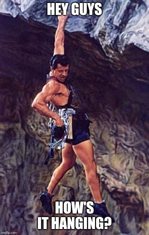 cliffhanger | HEY GUYS; HOW'S IT HANGING? | image tagged in cliffhanger | made w/ Imgflip meme maker