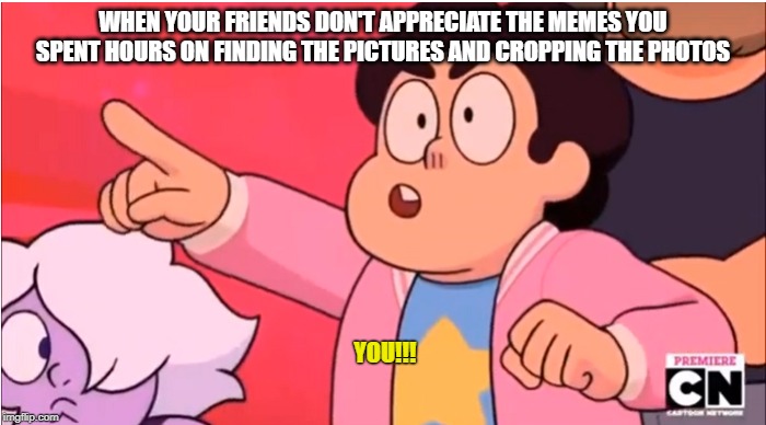 steven yelling you | WHEN YOUR FRIENDS DON'T APPRECIATE THE MEMES YOU SPENT HOURS ON FINDING THE PICTURES AND CROPPING THE PHOTOS; YOU!!! | image tagged in steven yelling you | made w/ Imgflip meme maker
