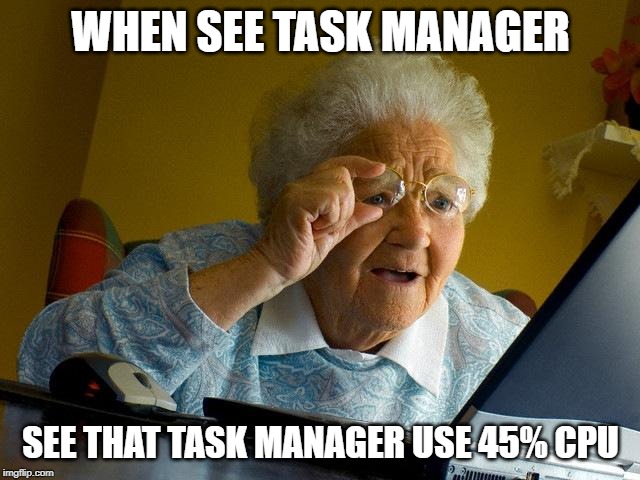 Grandma Finds The Internet Meme | WHEN SEE TASK MANAGER; SEE THAT TASK MANAGER USE 45% CPU | image tagged in memes,grandma finds the internet | made w/ Imgflip meme maker