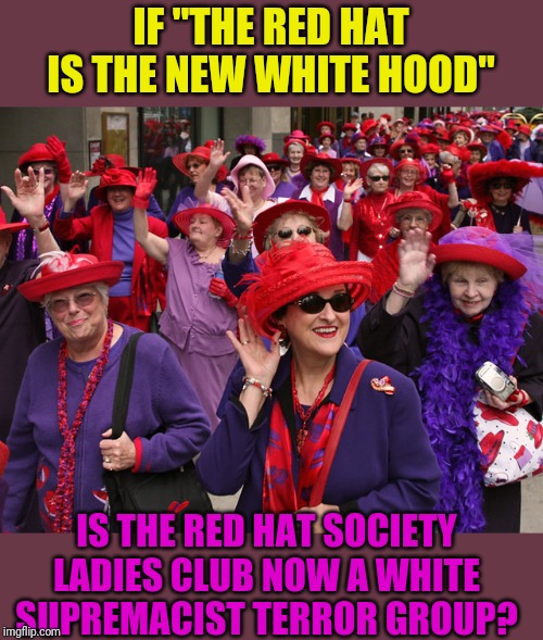 Red hat ladies | IF "THE RED HAT IS THE NEW WHITE HOOD"; IS THE RED HAT SOCIETY LADIES CLUB NOW A WHITE SUPREMACIST TERROR GROUP? | image tagged in old ladies,senior center | made w/ Imgflip meme maker
