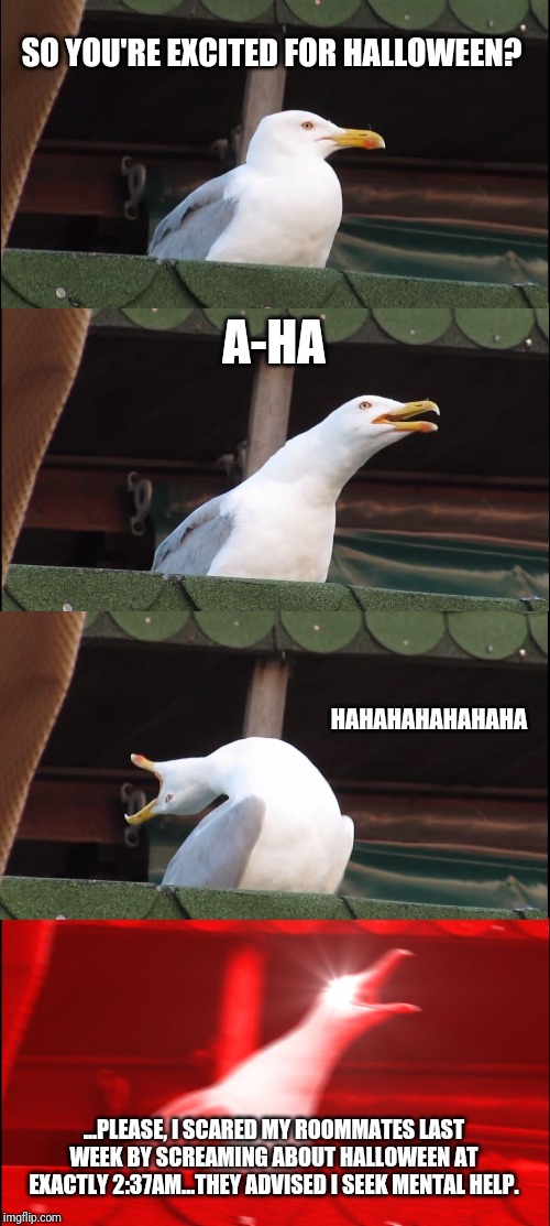 Inhaling Seagull | SO YOU'RE EXCITED FOR HALLOWEEN? A-HA; HAHAHAHAHAHAHA; ...PLEASE, I SCARED MY ROOMMATES LAST WEEK BY SCREAMING ABOUT HALLOWEEN AT EXACTLY 2:37AM...THEY ADVISED I SEEK MENTAL HELP. | image tagged in memes,inhaling seagull | made w/ Imgflip meme maker