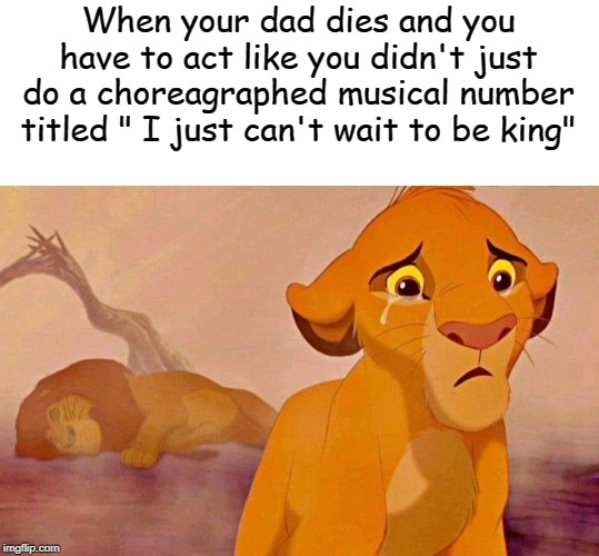 When your dad dies and you have to act like you didn't just do a choreagraphed musical number titled " I just can't wait to be king" | image tagged in memes | made w/ Imgflip meme maker