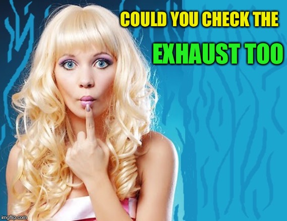 ditzy blonde | COULD YOU CHECK THE EXHAUST TOO | image tagged in ditzy blonde | made w/ Imgflip meme maker