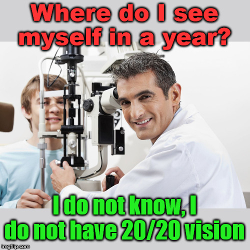 Optometry humor | Where do I see myself in a year? I do not know, I do not have 20/20 vision | image tagged in 2020,vision | made w/ Imgflip meme maker