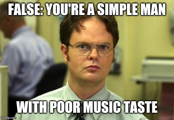 Dwight Schrute Meme | FALSE: YOU'RE A SIMPLE MAN WITH POOR MUSIC TASTE | image tagged in memes,dwight schrute | made w/ Imgflip meme maker