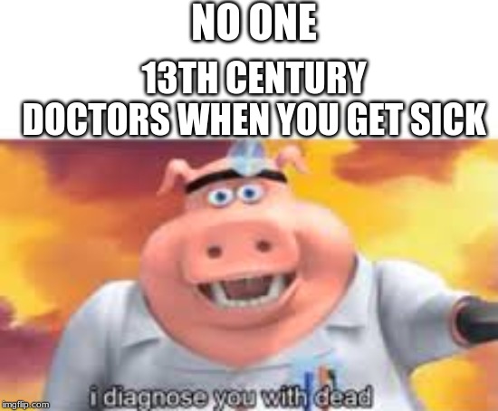 NO ONE; 13TH CENTURY DOCTORS WHEN YOU GET SICK | image tagged in black plauge,i diagnose you with dead | made w/ Imgflip meme maker