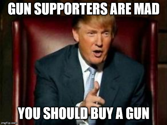 Donald Trump | GUN SUPPORTERS ARE MAD; YOU SHOULD BUY A GUN | image tagged in donald trump | made w/ Imgflip meme maker
