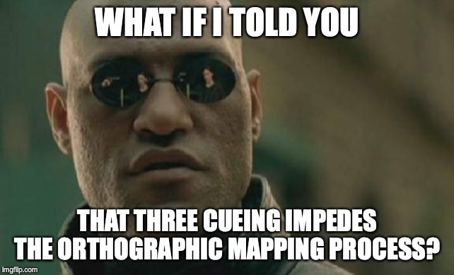 Matrix Morpheus Meme | WHAT IF I TOLD YOU; THAT THREE CUEING IMPEDES THE ORTHOGRAPHIC MAPPING PROCESS? | image tagged in memes,matrix morpheus | made w/ Imgflip meme maker