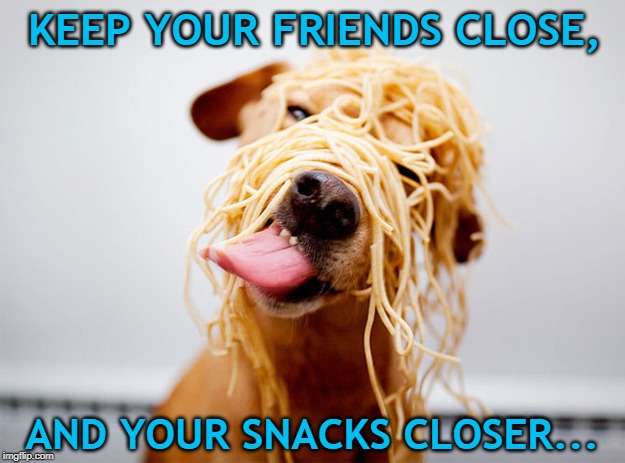 Monday Motivation Dog | KEEP YOUR FRIENDS CLOSE, AND YOUR SNACKS CLOSER... | image tagged in dogs,monday | made w/ Imgflip meme maker