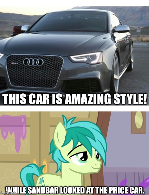 Sandbar wants to buy a sports car. | THIS CAR IS AMAZING STYLE! WHILE SANDBAR LOOKED AT THE PRICE CAR. | image tagged in audi,mlp fim,my little pony friendship is magic | made w/ Imgflip meme maker