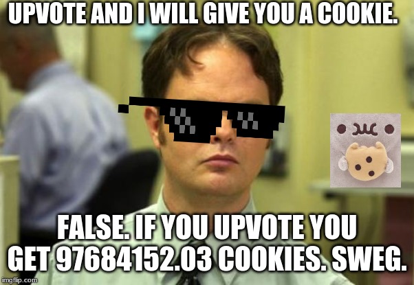 Dwight Schrute Meme | UPVOTE AND I WILL GIVE YOU A COOKIE. FALSE. IF YOU UPVOTE YOU GET 97684152.03 COOKIES. SWEG. | image tagged in memes,dwight schrute | made w/ Imgflip meme maker