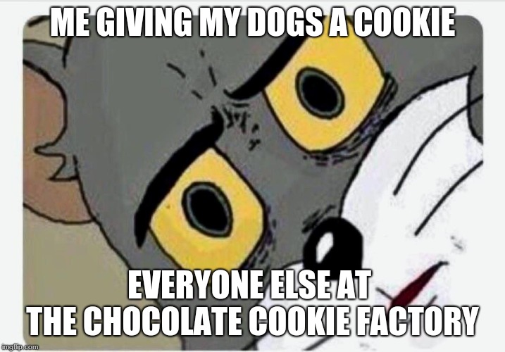 Disturbed Tom | ME GIVING MY DOGS A COOKIE; EVERYONE ELSE AT 
THE CHOCOLATE COOKIE FACTORY | image tagged in disturbed tom | made w/ Imgflip meme maker
