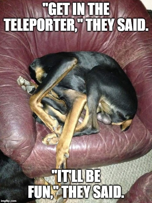Some reassembly required | "GET IN THE TELEPORTER," THEY SAID. "IT'LL BE FUN," THEY SAID. | image tagged in funny,funny memes | made w/ Imgflip meme maker