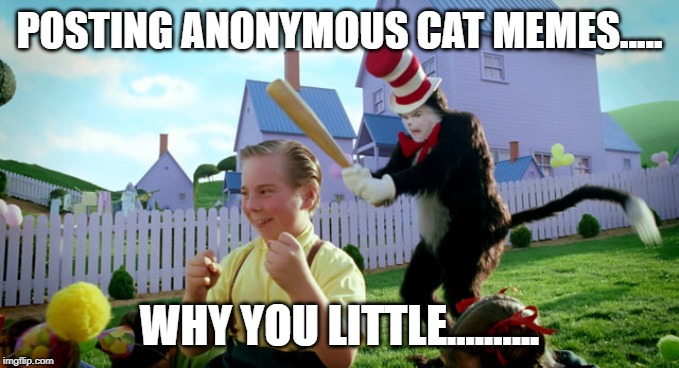 Cat in the hat with a bat. (______ Colorized) | POSTING ANONYMOUS CAT MEMES..... WHY YOU LITTLE.......... | image tagged in cat in the hat with a bat ______ colorized | made w/ Imgflip meme maker