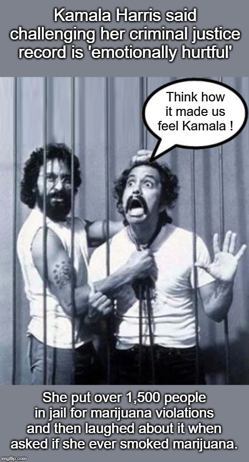 Did Kamala put Cheech & Chong in Jail? | Kamala Harris said challenging her criminal justice record is 'emotionally hurtful'; Think how it made us feel Kamala ! She put over 1,500 people in jail for marijuana violations and then laughed about it when asked if she ever smoked marijuana. | image tagged in cheech chong behind bars with caption,kamala harris | made w/ Imgflip meme maker