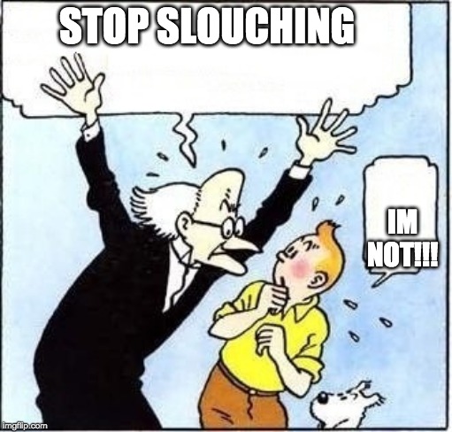 angry prof | STOP SLOUCHING; IM NOT!!! | image tagged in angry prof | made w/ Imgflip meme maker