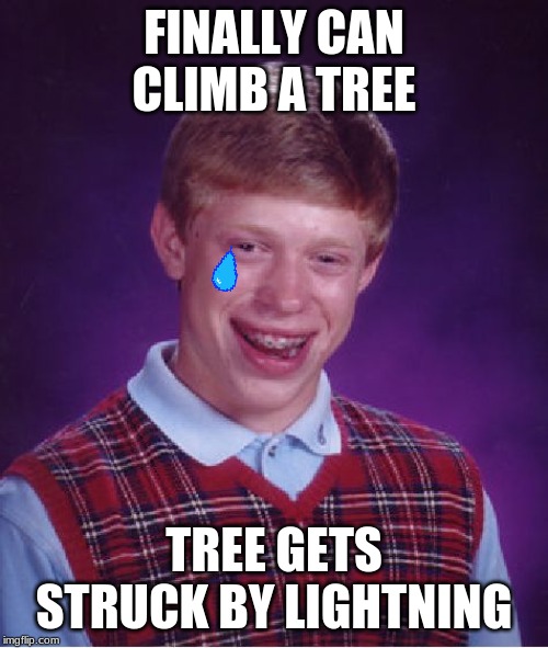 Bad Luck Brian | FINALLY CAN CLIMB A TREE; TREE GETS STRUCK BY LIGHTNING | image tagged in memes,bad luck brian | made w/ Imgflip meme maker