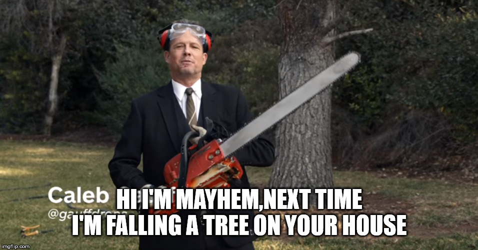 HI I'M MAYHEM,NEXT TIME I'M FALLING A TREE ON YOUR HOUSE | image tagged in happy little trees | made w/ Imgflip meme maker