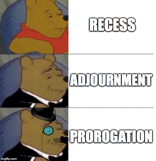 Tuxedo Winnie the Pooh (3 panel) | RECESS; ADJOURNMENT; PROROGATION | image tagged in tuxedo winnie the pooh 3 panel | made w/ Imgflip meme maker